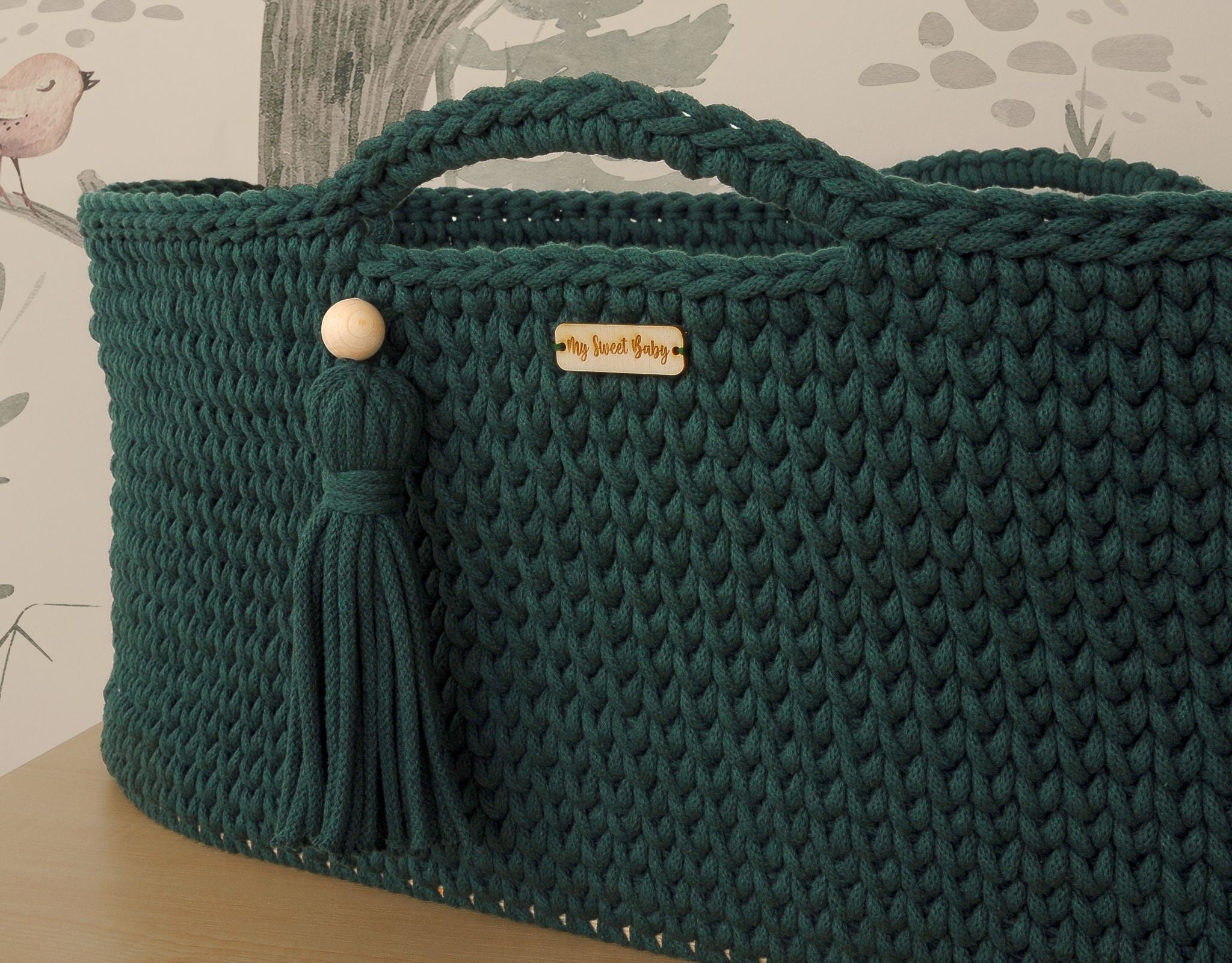 Moses basket BOHO Handmade cotton with mattress - bottle green