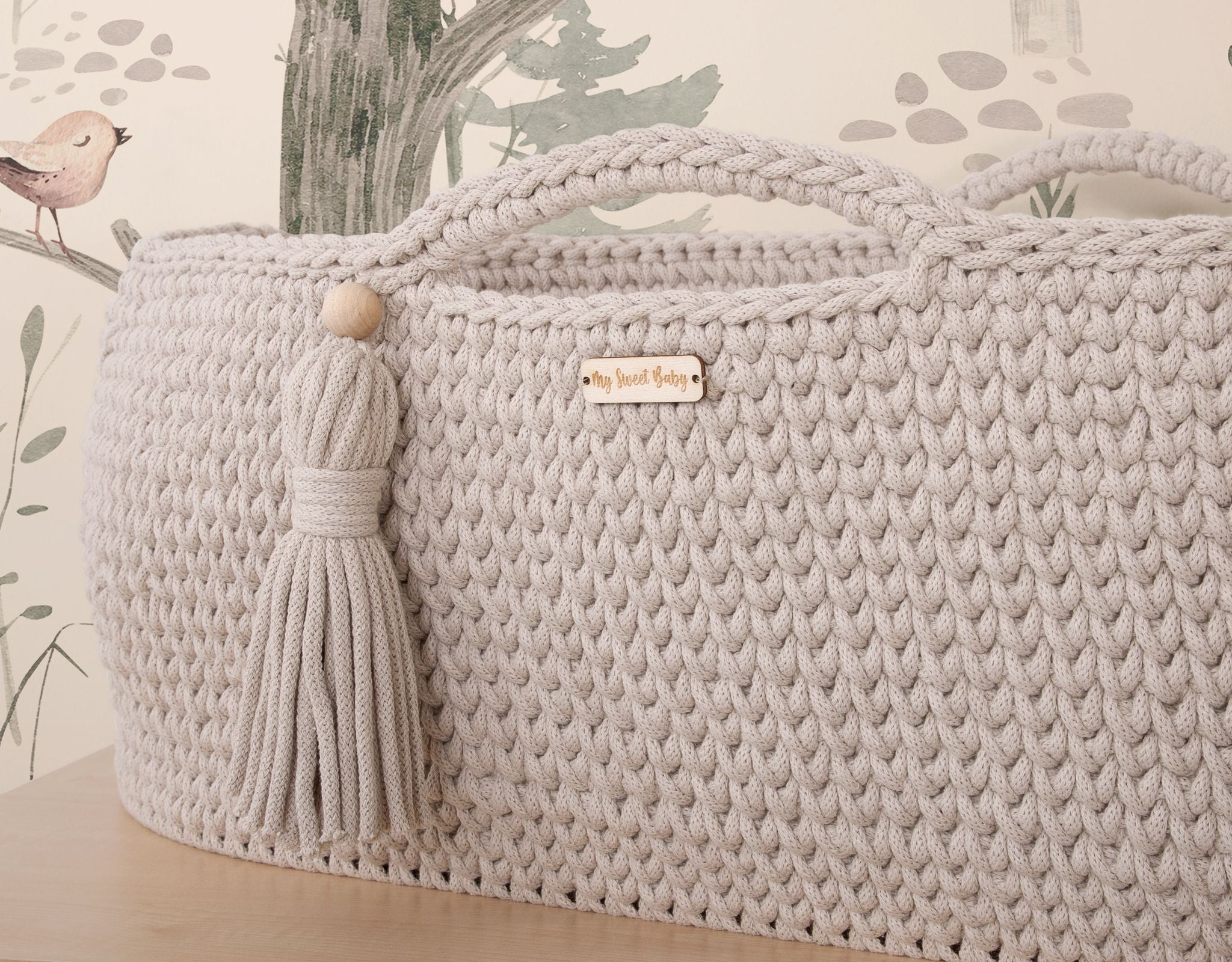 Moses basket BOHO Handmade cotton with mattress - light beige