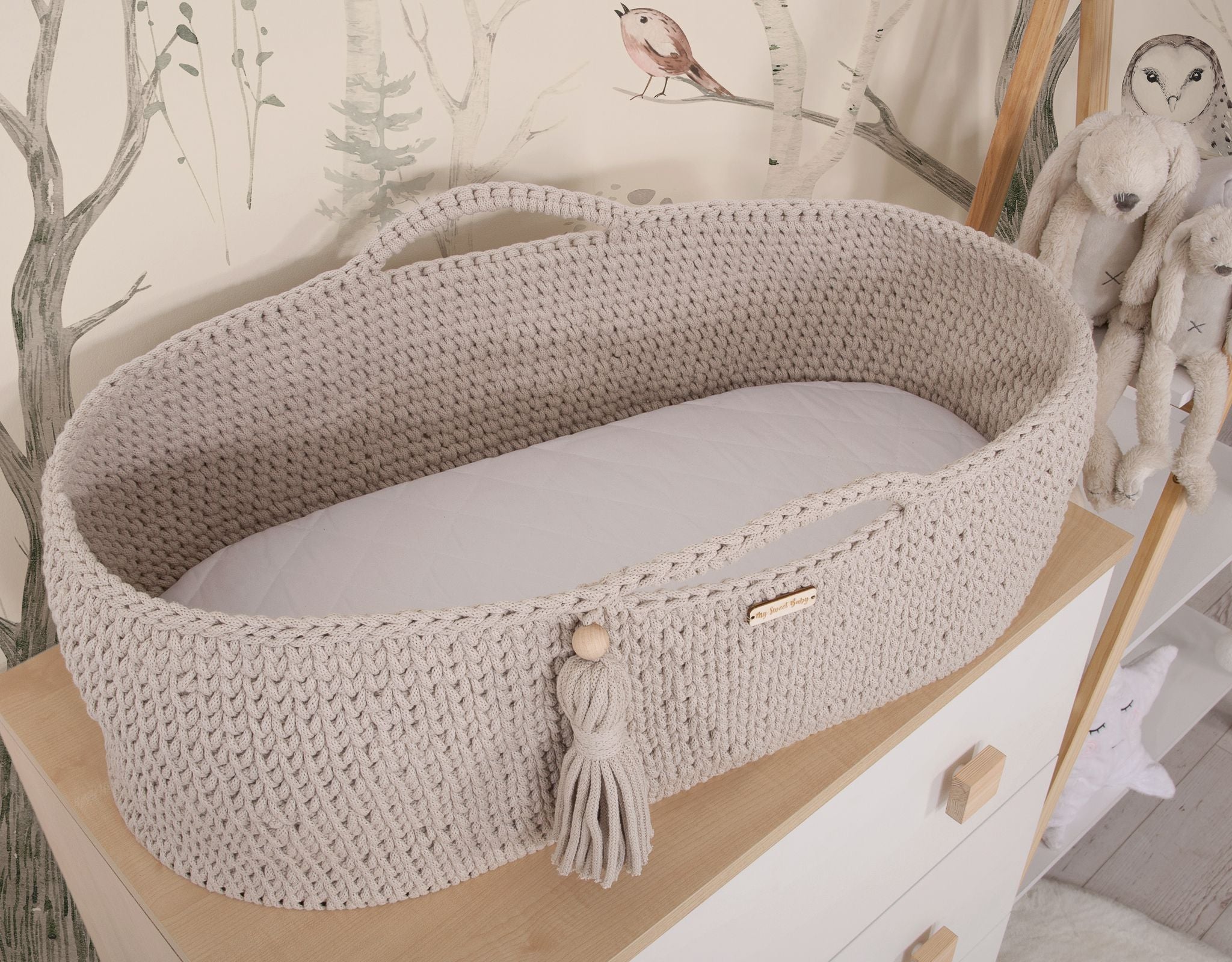 Moses basket BOHO Handmade cotton with mattress - light beige
