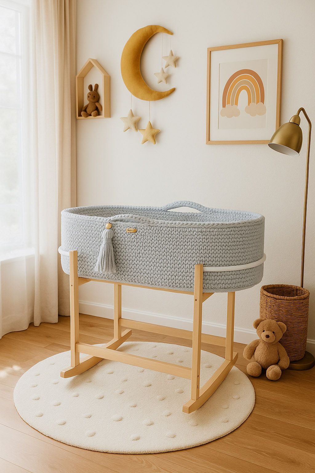 Moses basket BOHO Handmade with cradle - light grey