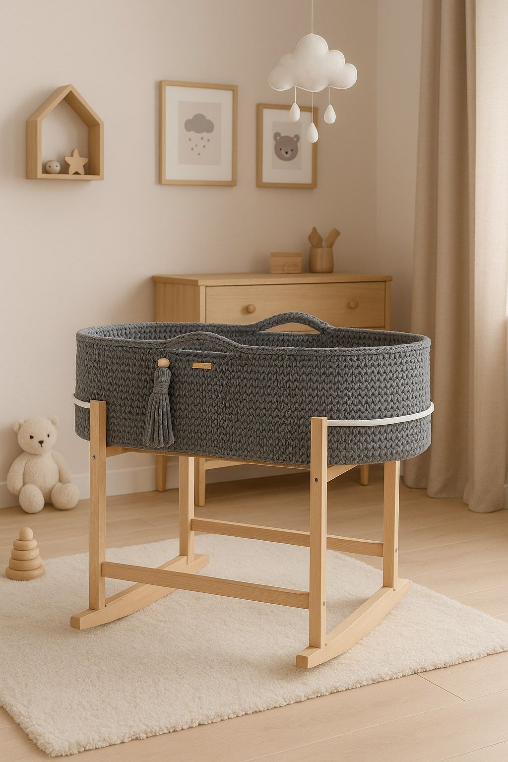 Moses basket BOHO Handmade with cradle - dark grey