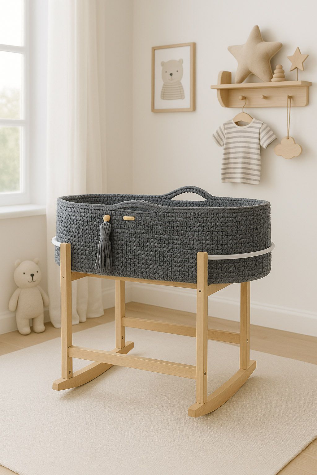 Moses basket BOHO Handmade with cradle - dark grey