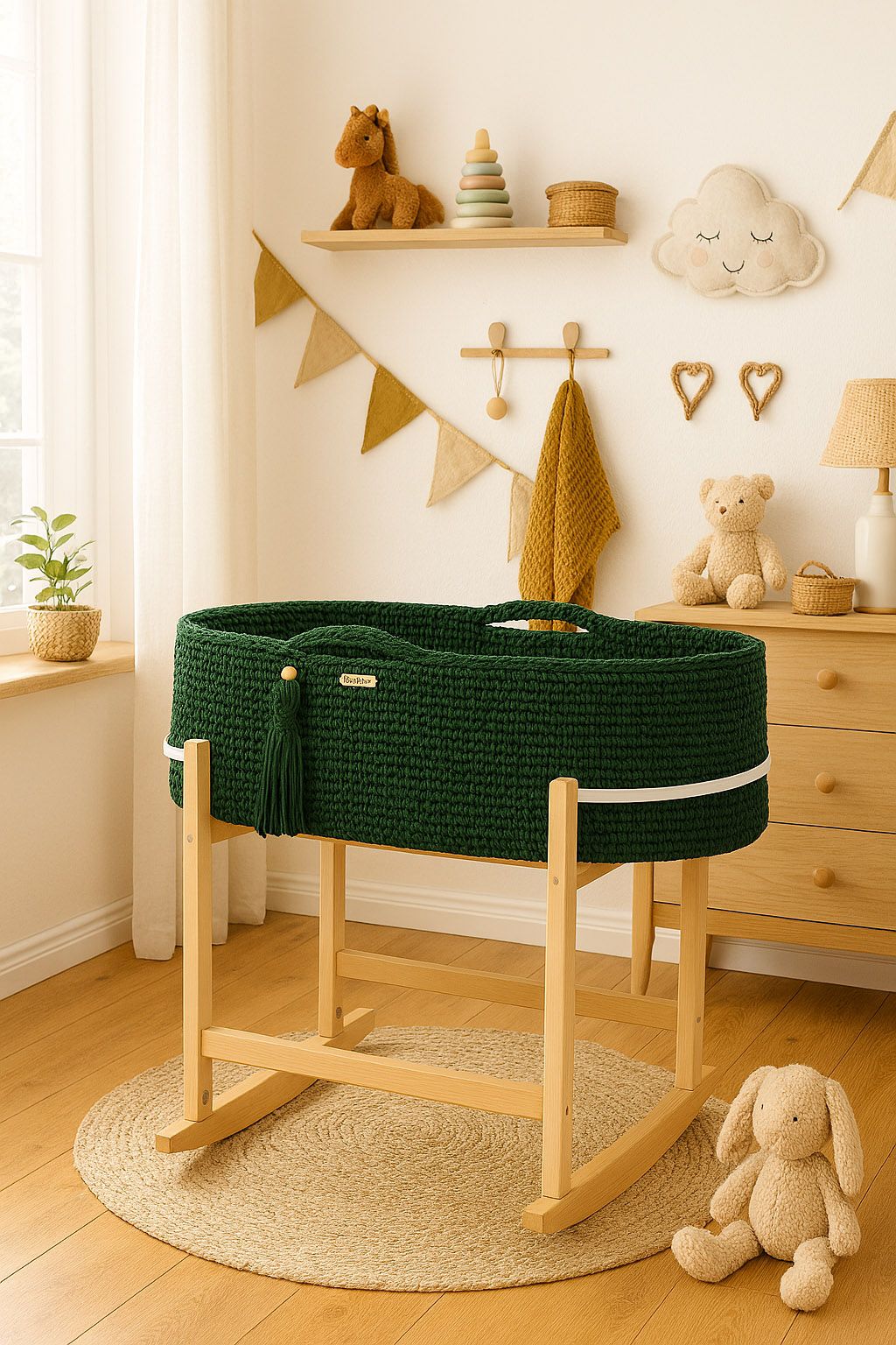 Moses basket BOHO Handmade with cradle - bottle green