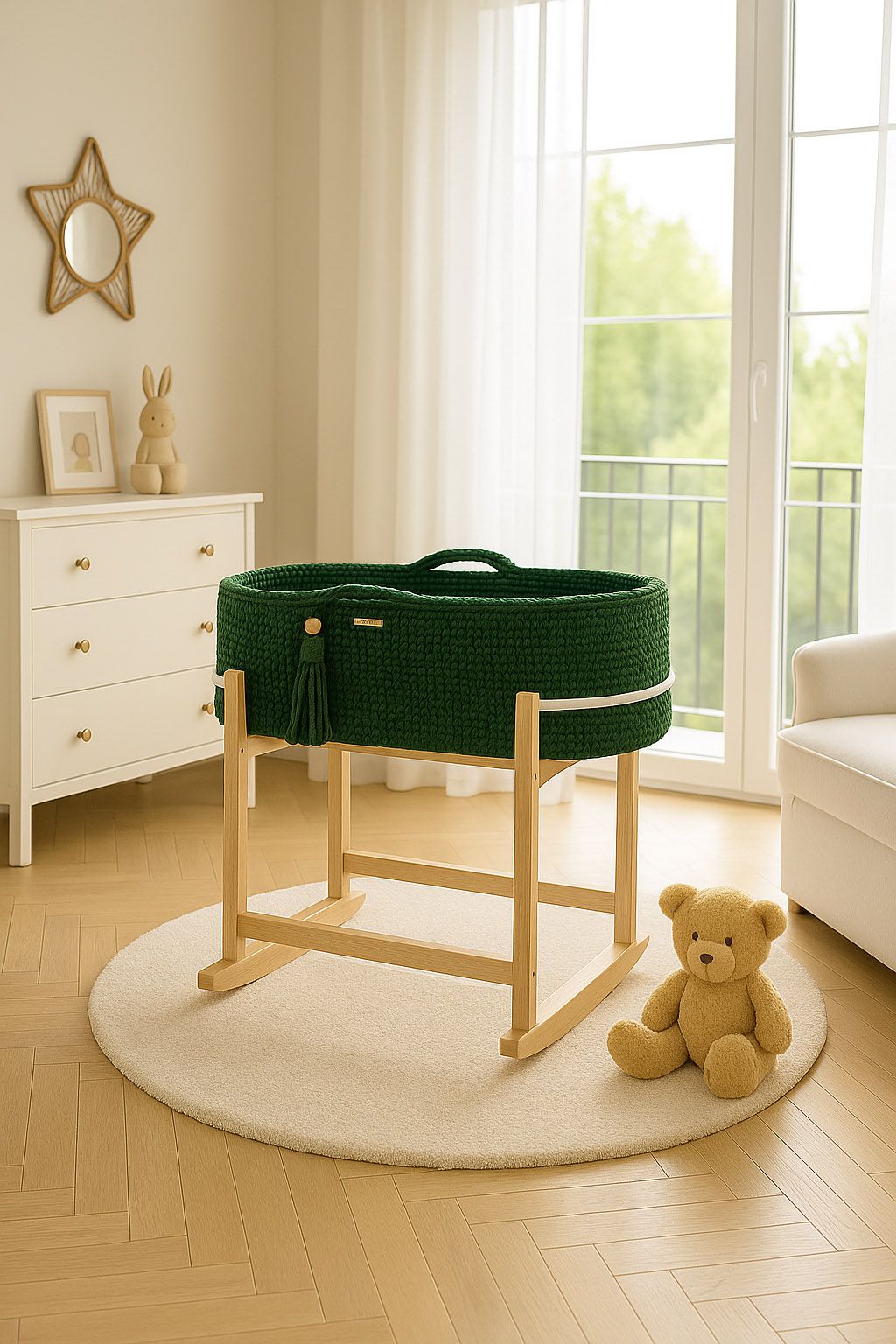 Moses basket BOHO Handmade with cradle - bottle green