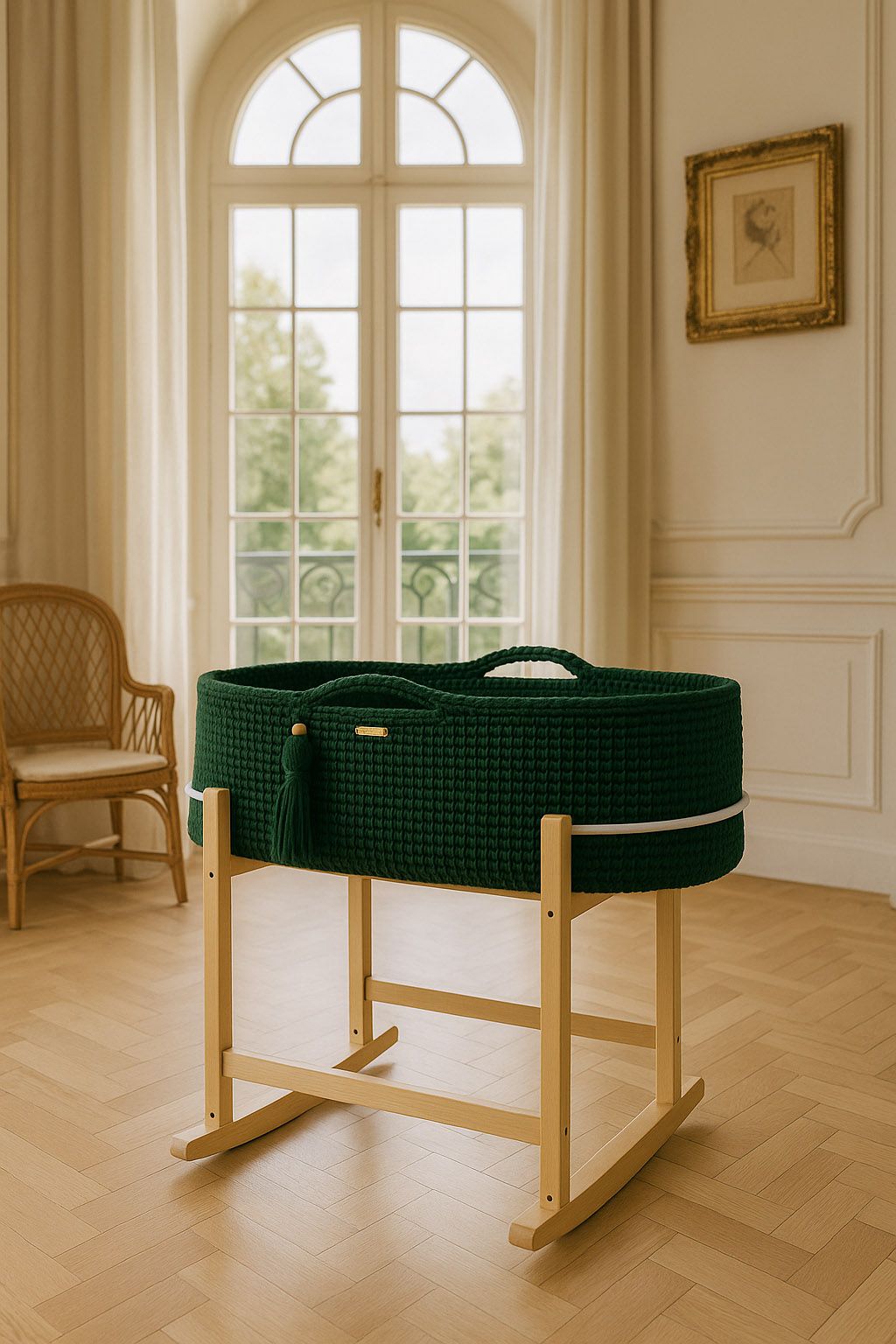 Moses basket BOHO Handmade with cradle - bottle green