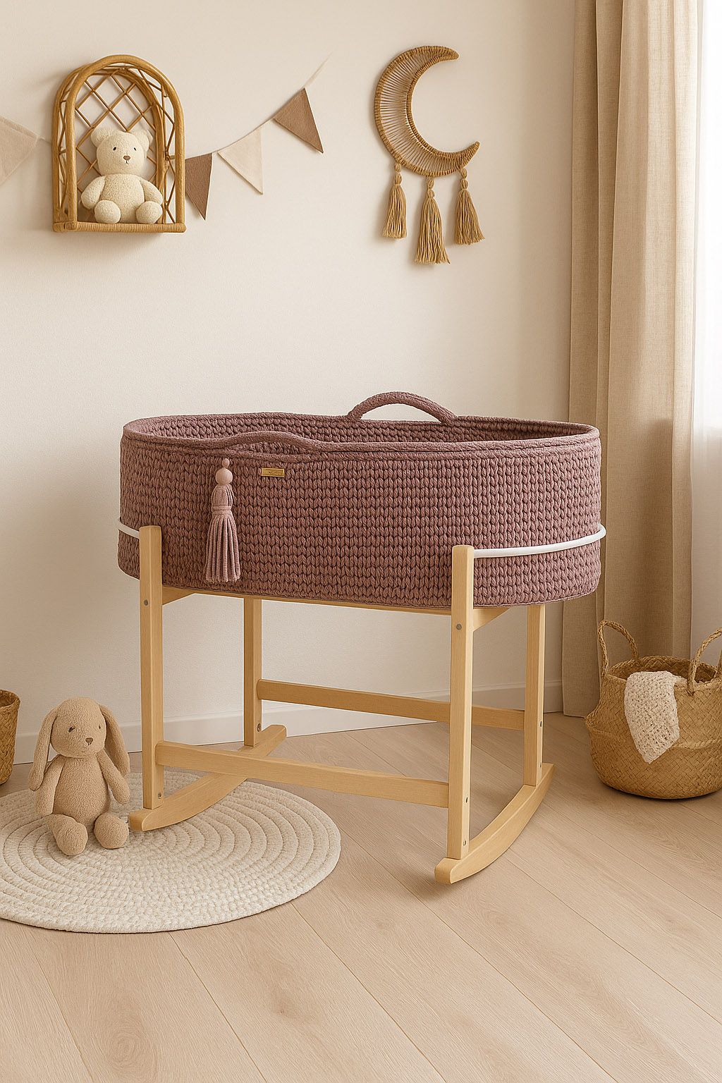 Moses basket BOHO Handmade with cradle - mauve