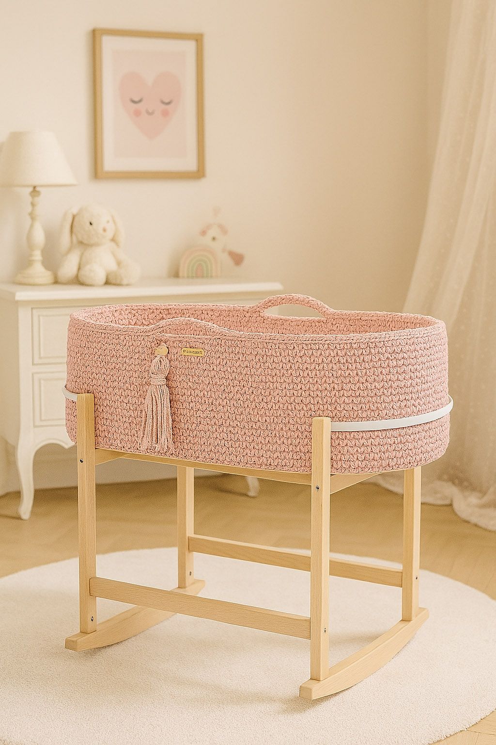 Moses basket BOHO Handmade with cradle - pastel pink