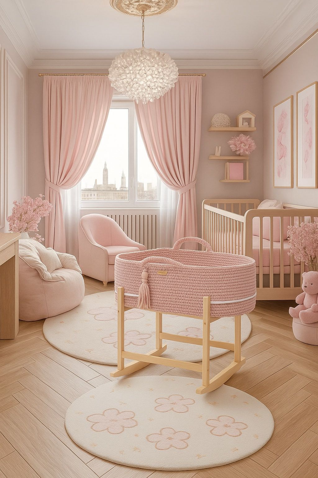 Moses basket BOHO Handmade with cradle - pastel pink