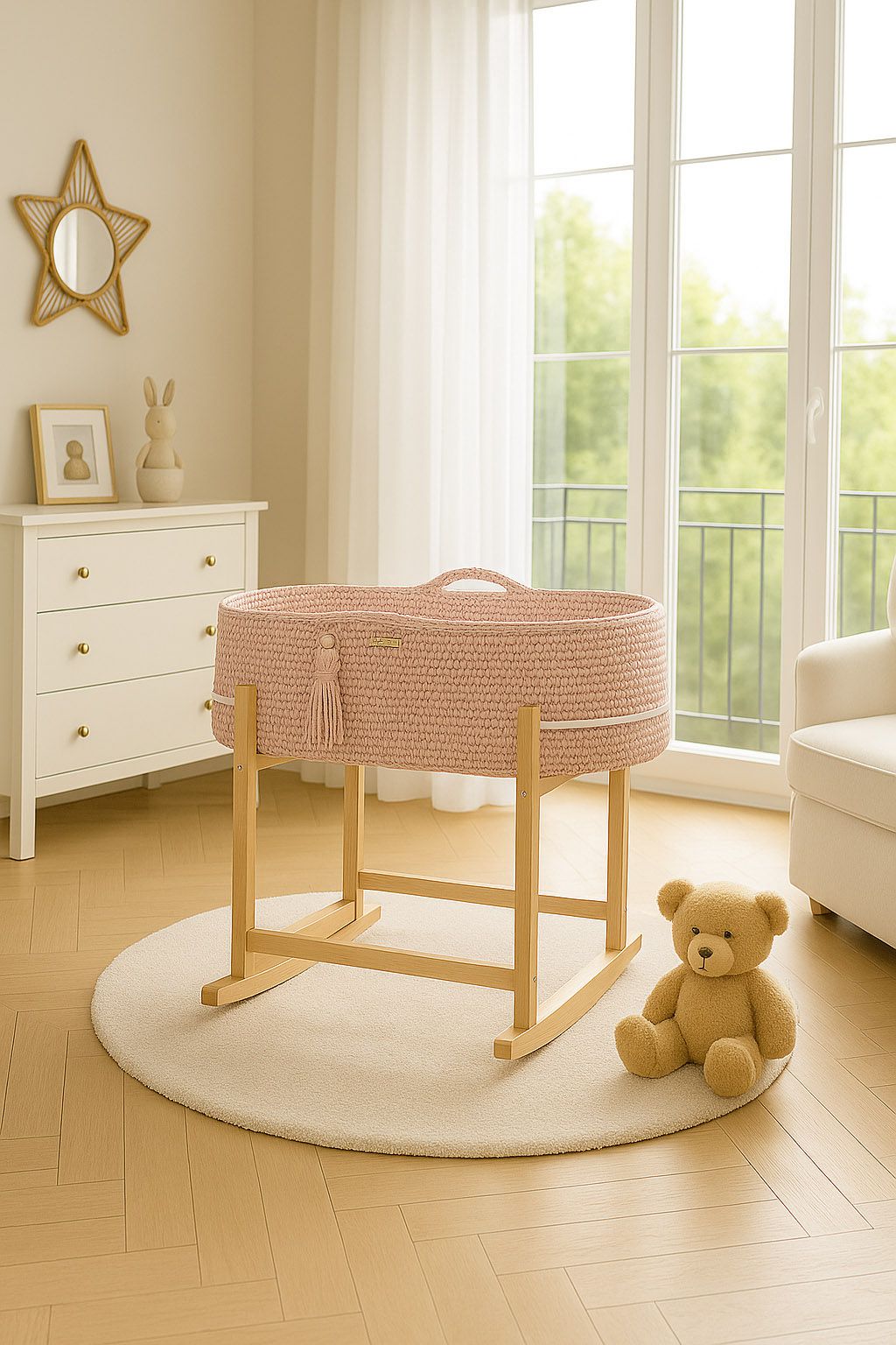 Moses basket BOHO Handmade with cradle - pastel pink