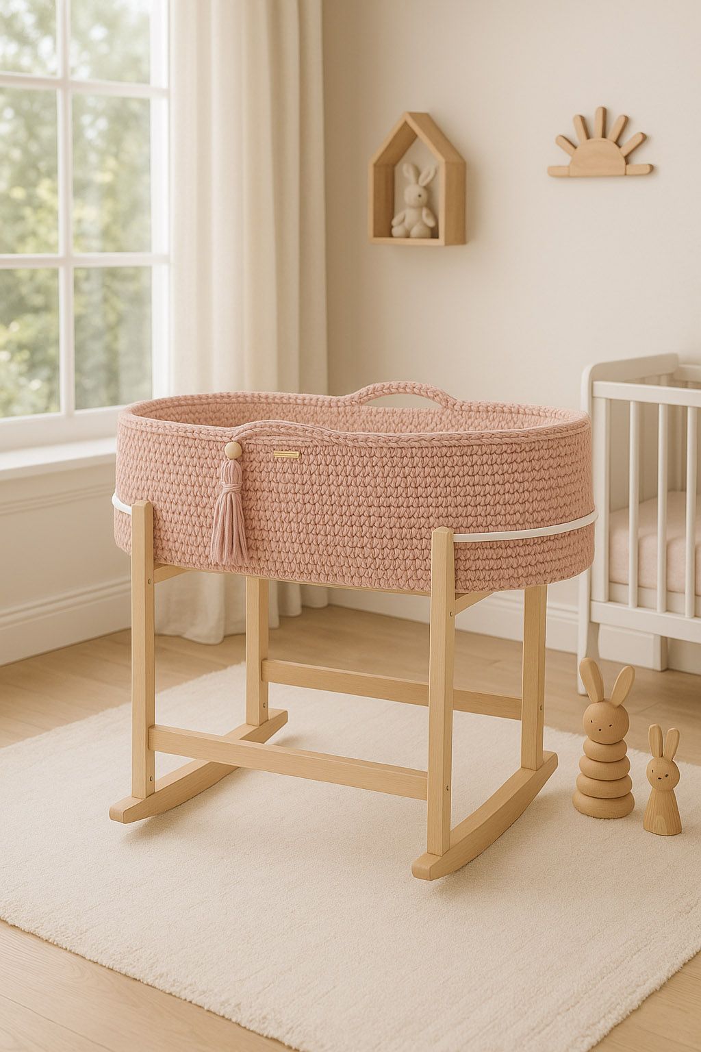 Moses basket BOHO Handmade with cradle - pastel pink