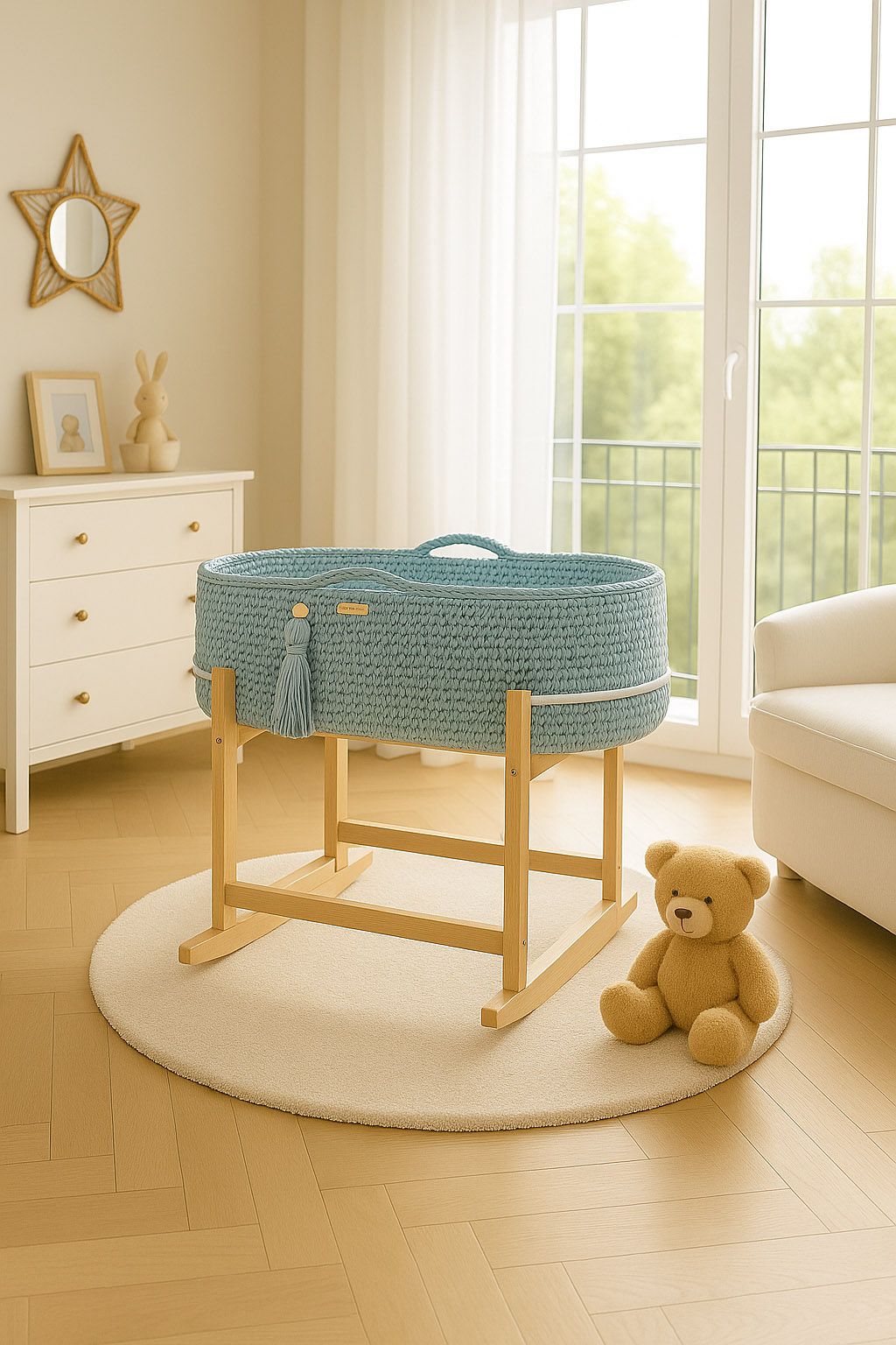 Moses basket BOHO Handmade with cradle - misty blue