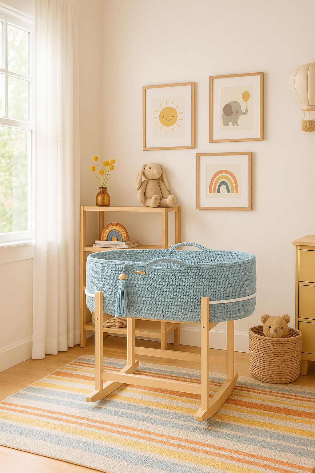 Moses basket BOHO Handmade with cradle - misty blue