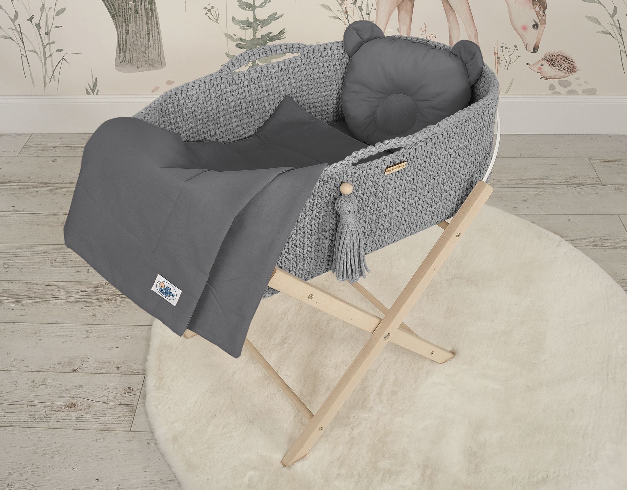 Moses basket BOHO Handmade cotton with mattress - dark gray
