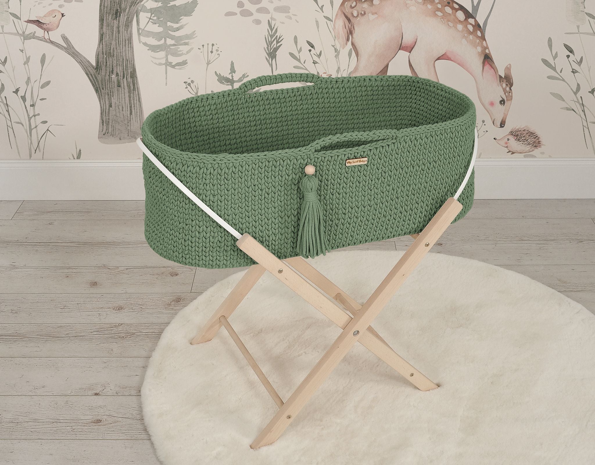 Moses basket BOHO Handmade with stand - pistachio
