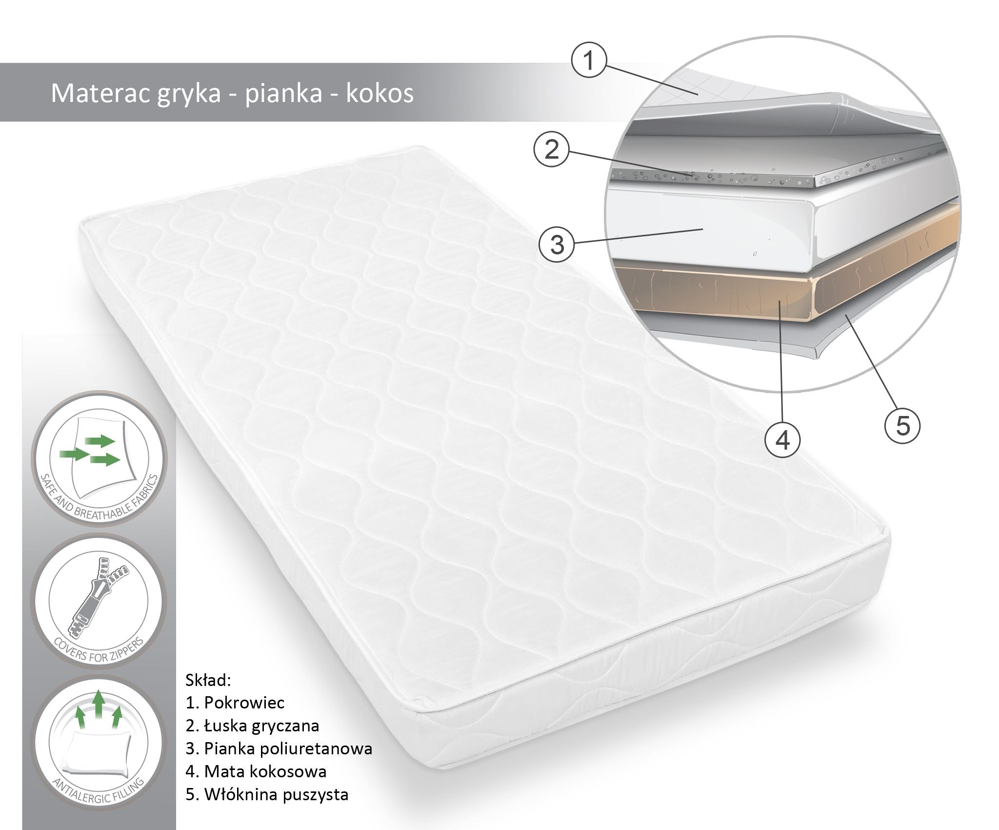 Coco-foam-buckwheat husk mattress for cot 120x60cm