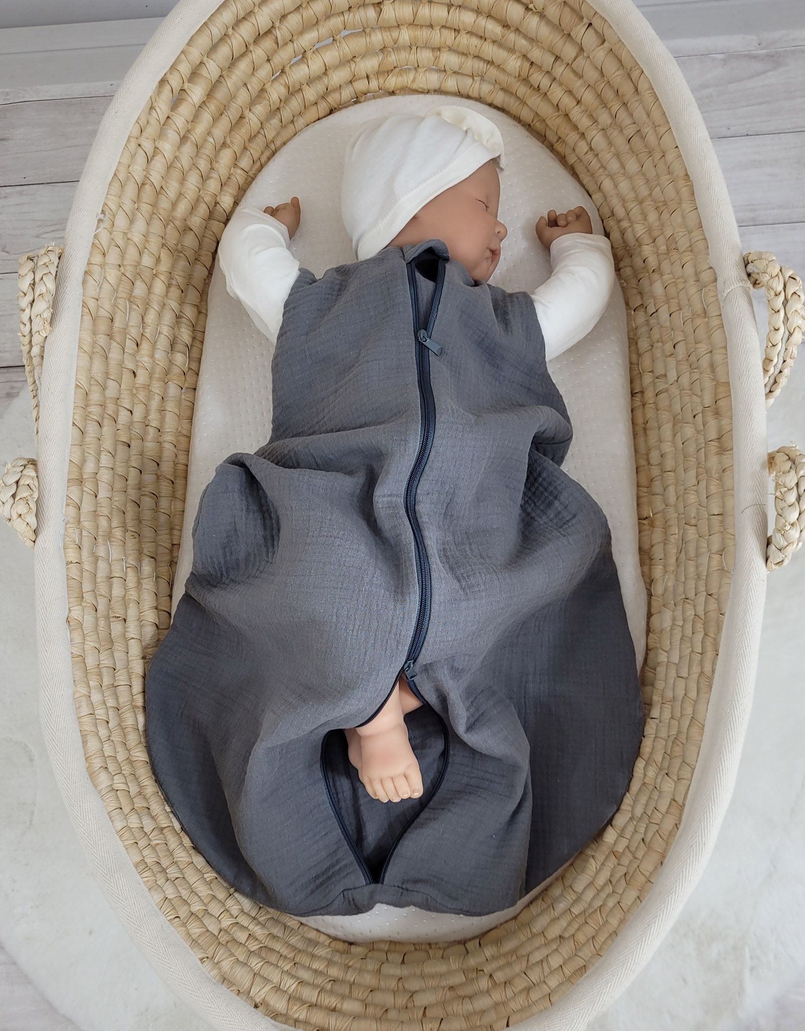 Muslin baby sleeping bag 0-6 months S for summer TOG 1.0 - anthracite