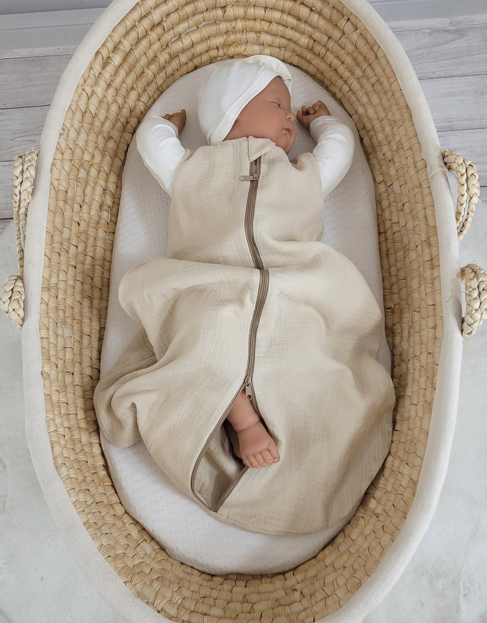 Muslin baby sleeping bag 0-6 months S for summer TOG 1.0 - cream