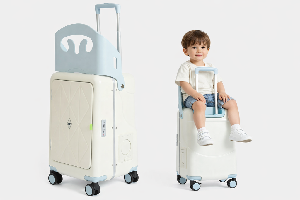Child sitting on a suitcase with a seat attachment next to a plain white background