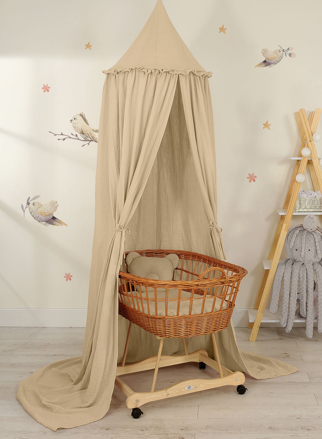 Muslin hanging canopy with frill - camel
