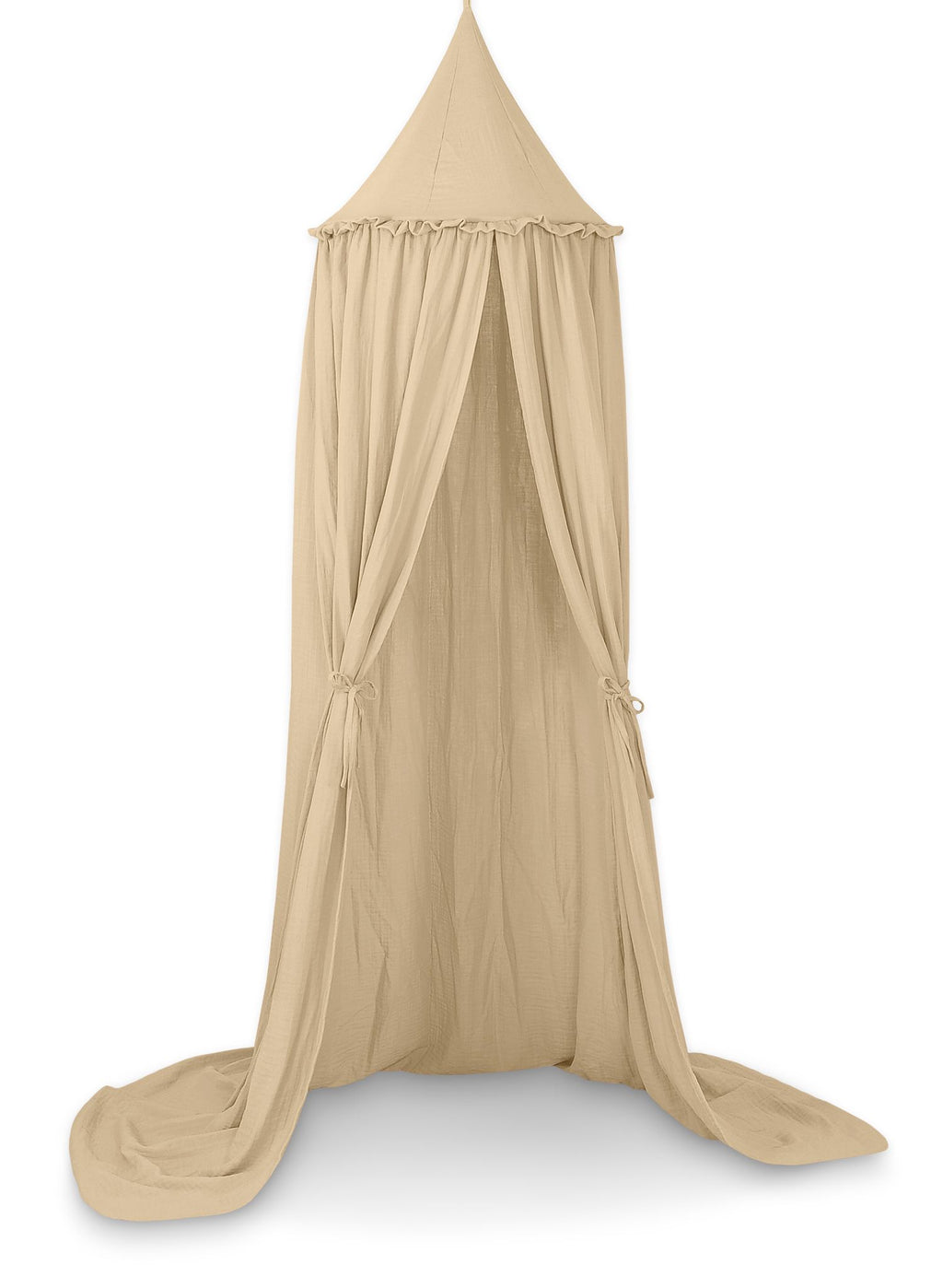 Muslin hanging canopy with frill - camel