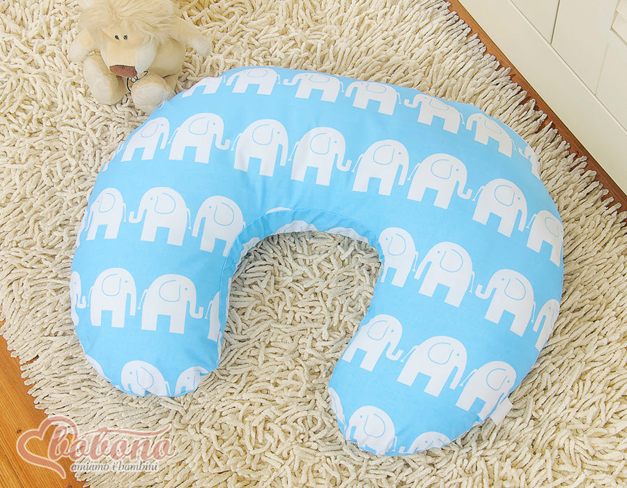 Breastfeeding Pillow Nursing Croissant Pillow, removable, Hands-Free Feeding - Elephants blue