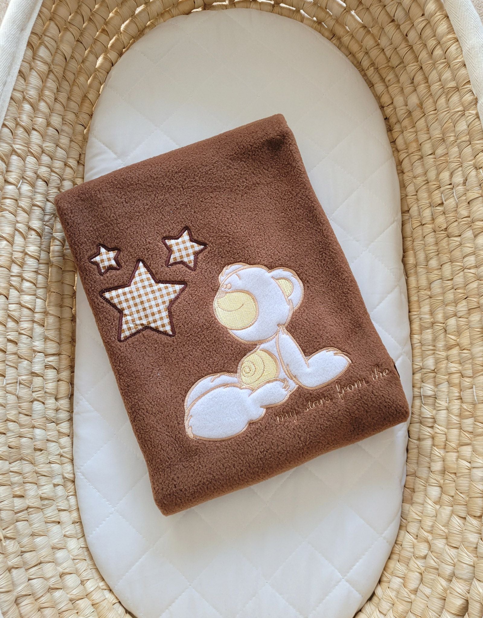 Brown Carlo teddy bear polar fleece baby blanket with stars