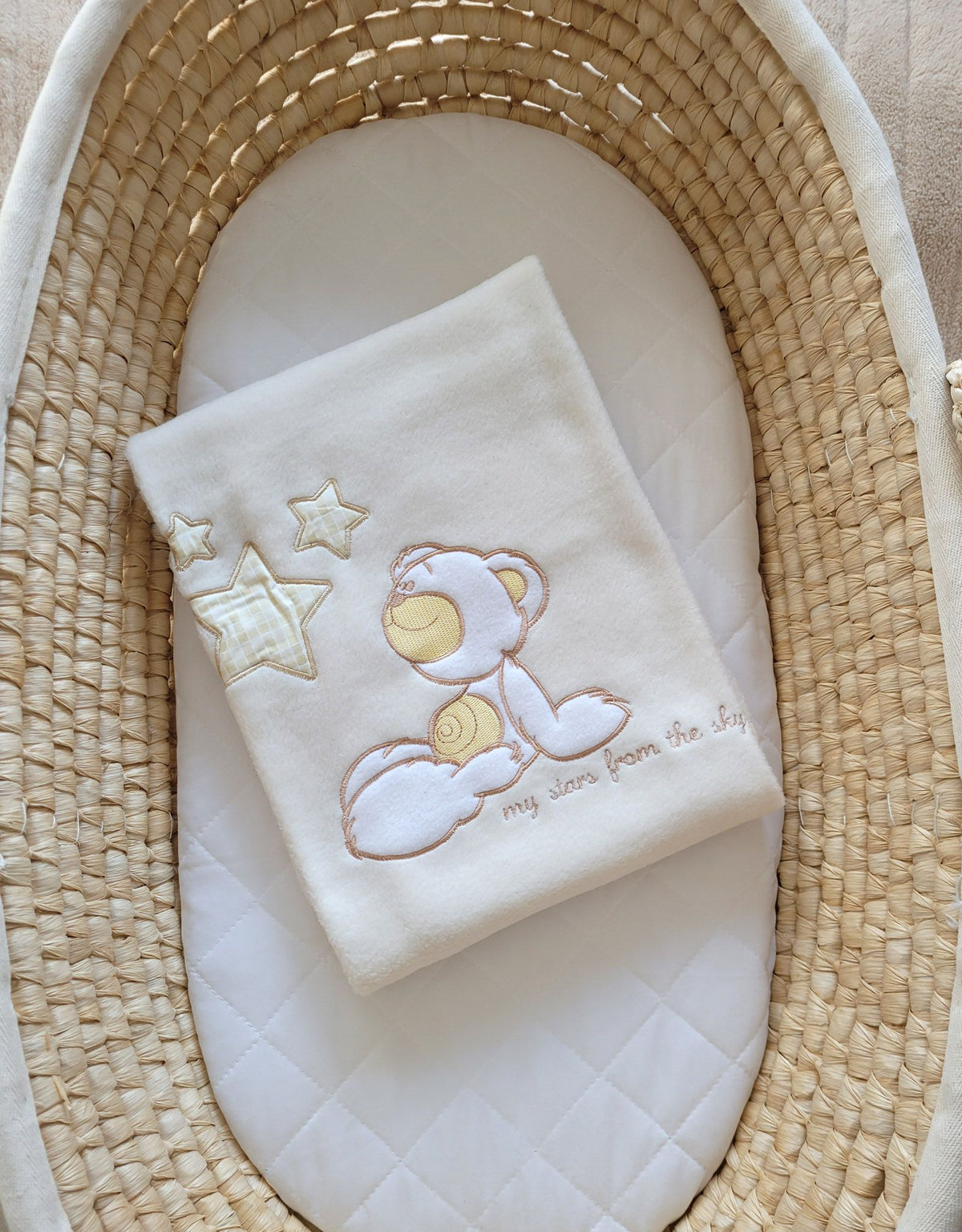 Cream Carlo teddy bear polar fleece baby blanket with stars