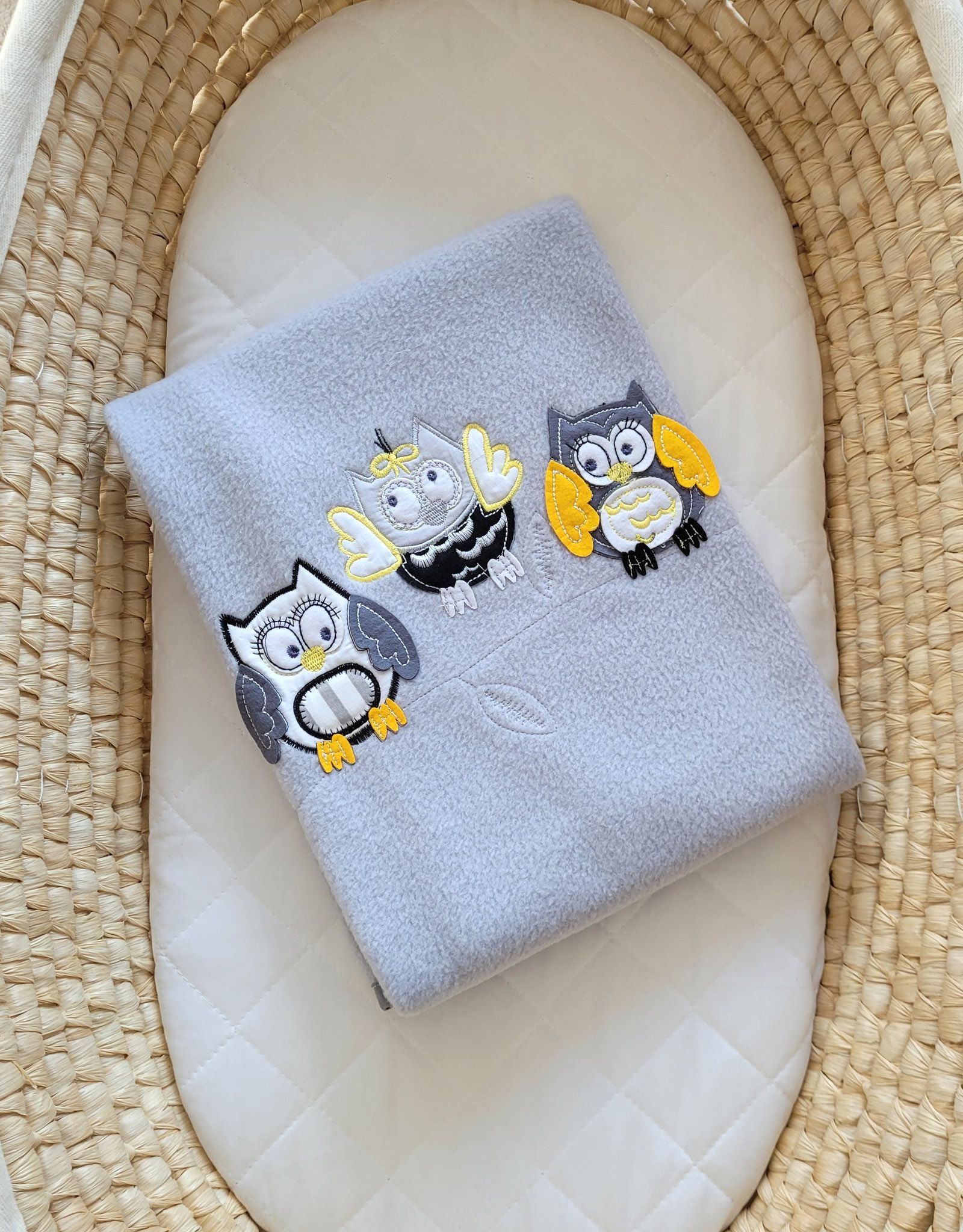 Grey and yellow owls polar fleece baby blanket