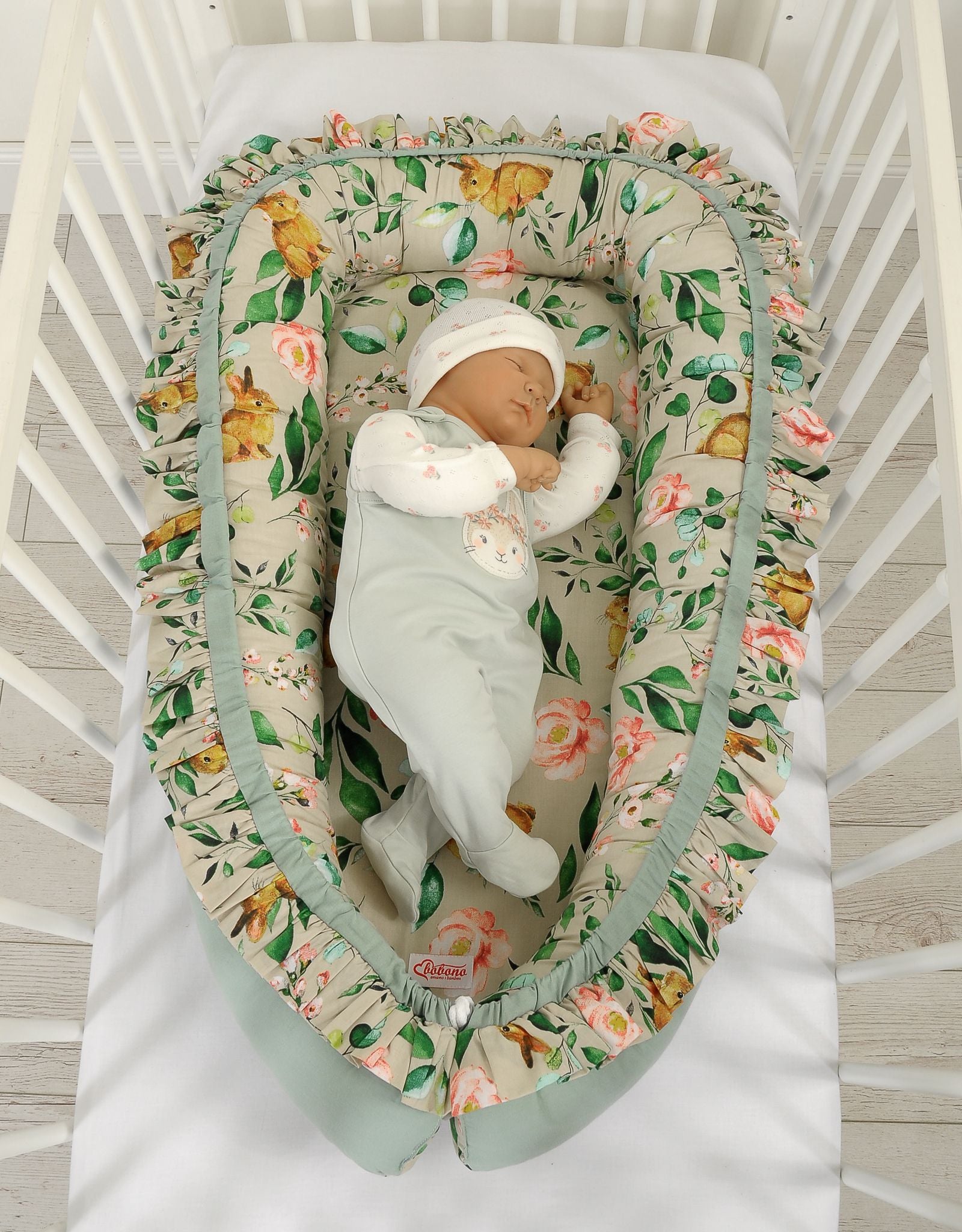 Baby nest Premium Cocoon for infants with a ruffle - Rabbit with flowers