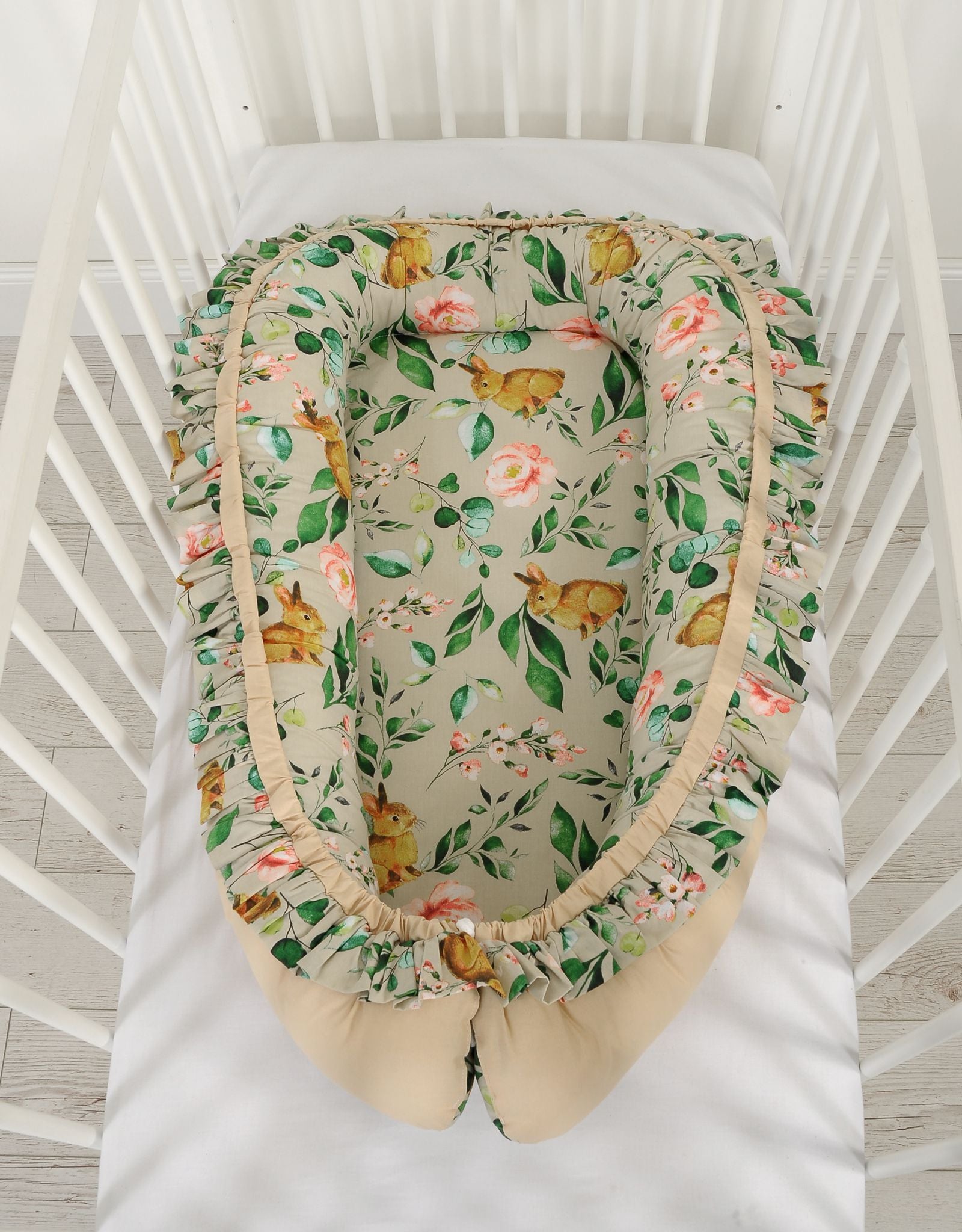 Baby nest Premium Cocoon for infants with a ruffle - Rabbit with flowers