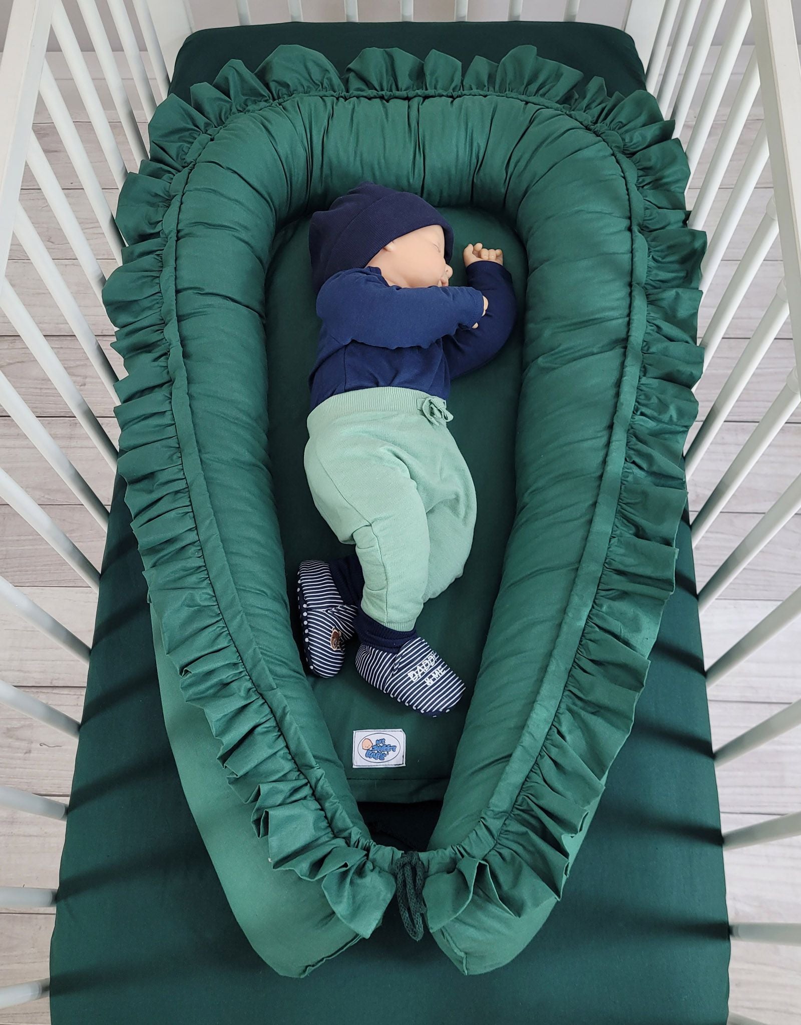 Baby nest Premium Cocoon for infants with a ruffle MY SWEET BABY- bottle green