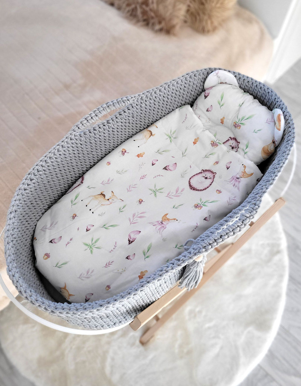 Moses basket BOHO Handmade cotton with mattress - gray