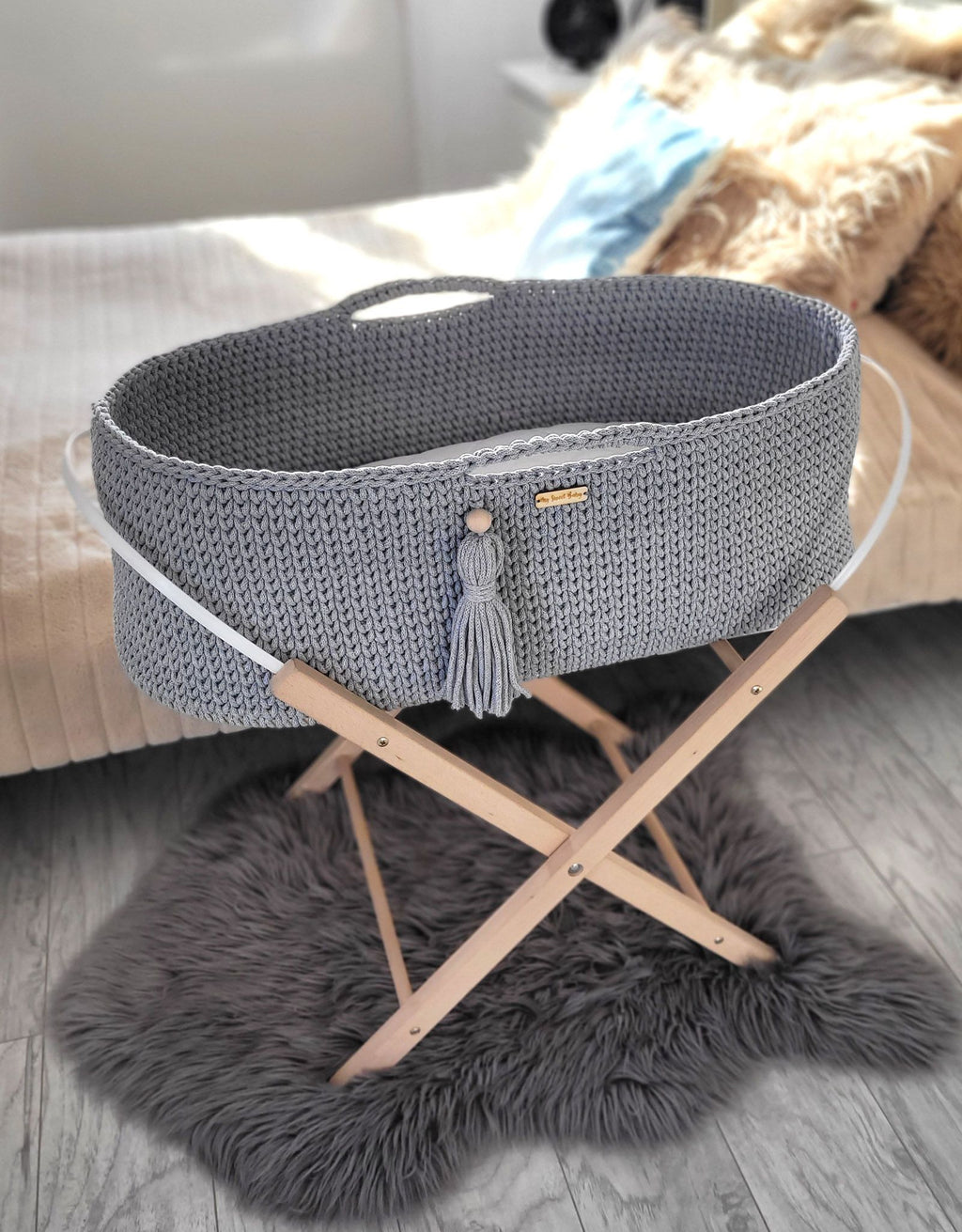 Moses basket BOHO Handmade cotton with mattress - dark gray