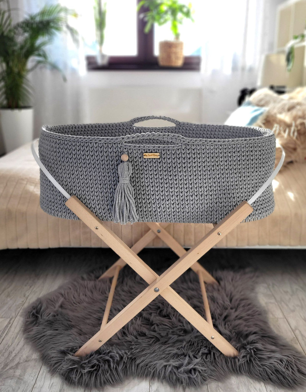 Moses basket BOHO Handmade cotton with mattress - dark gray