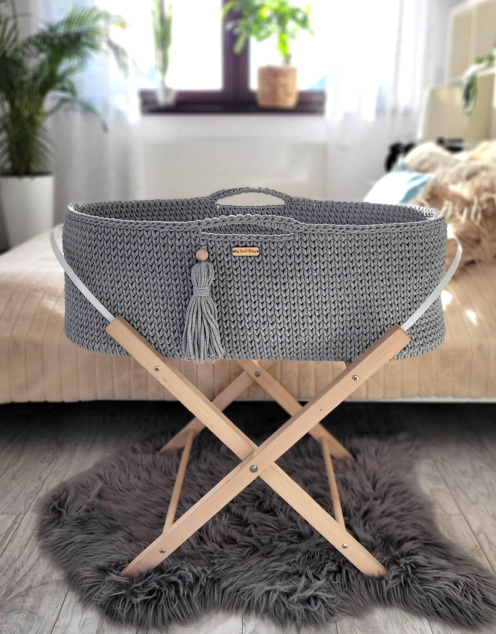 Moses basket BOHO Handmade cotton with mattress - dark gray