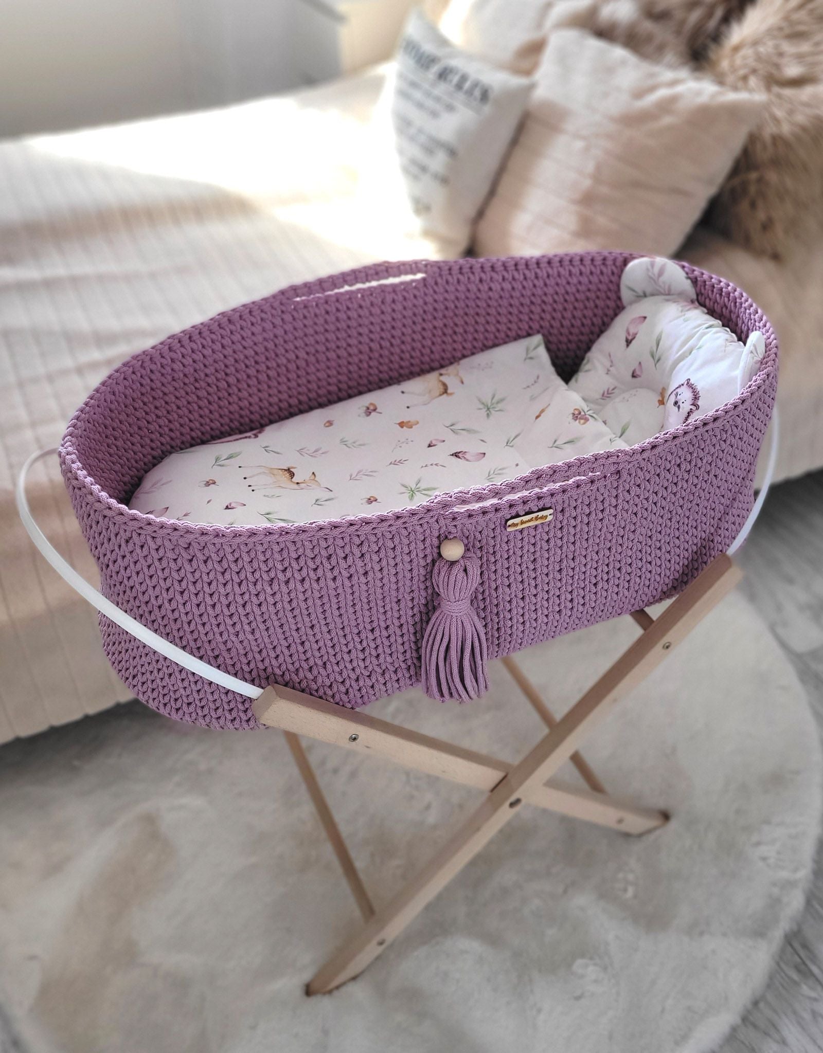 Moses basket BOHO Handmade cotton with mattress - lavender