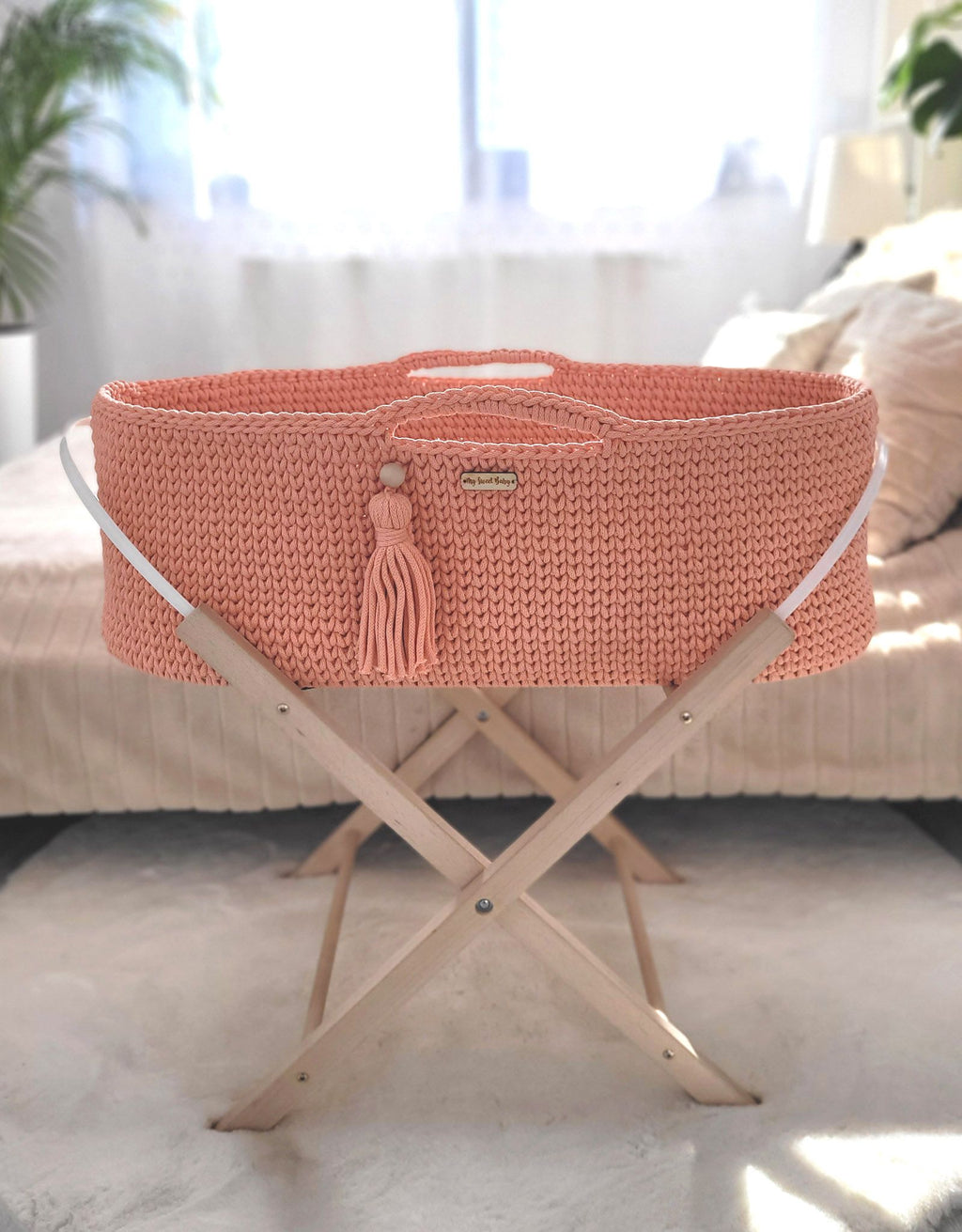 Moses basket BOHO Handmade cotton with mattress - salmon