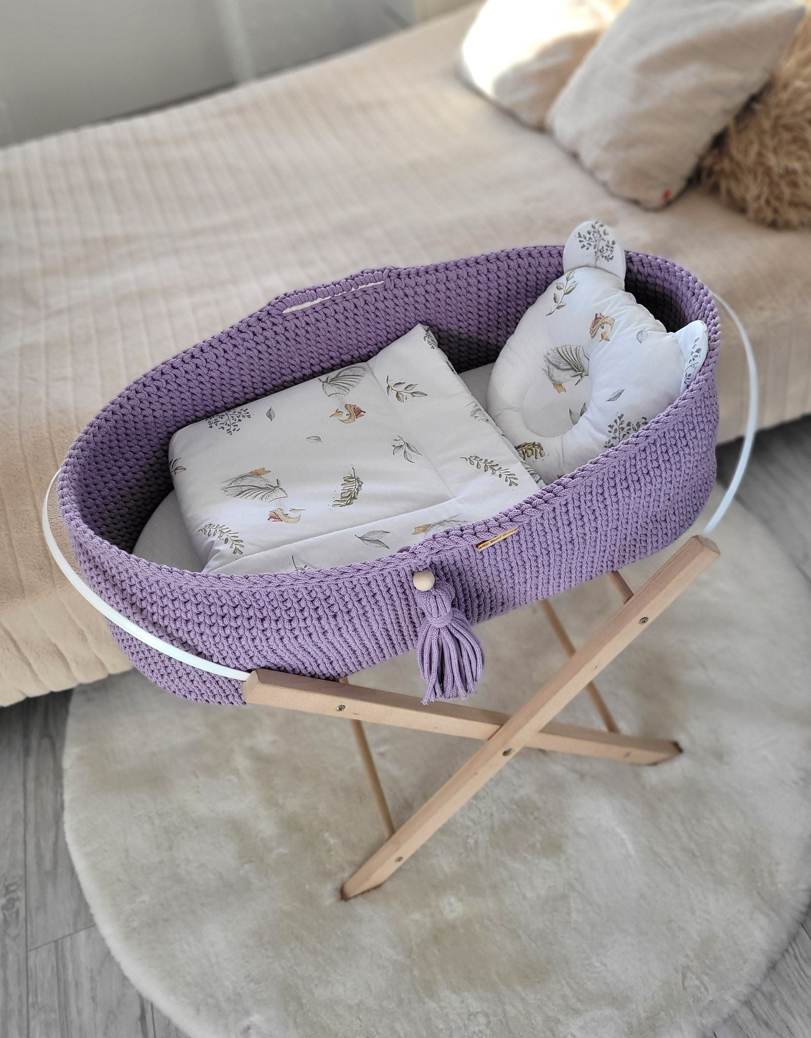 Moses basket BOHO Handmade cotton with mattress - lila