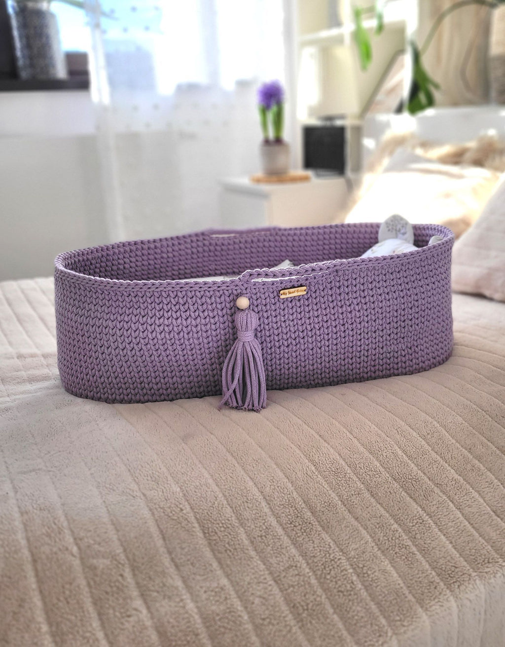 Moses basket BOHO Handmade cotton with mattress - lila