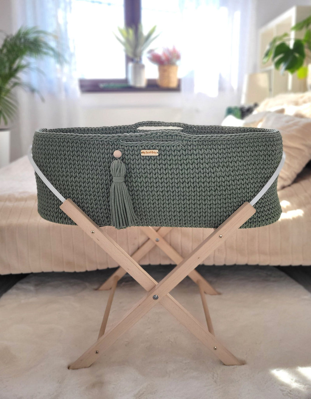 Moses basket BOHO Handmade cotton with mattress - sage