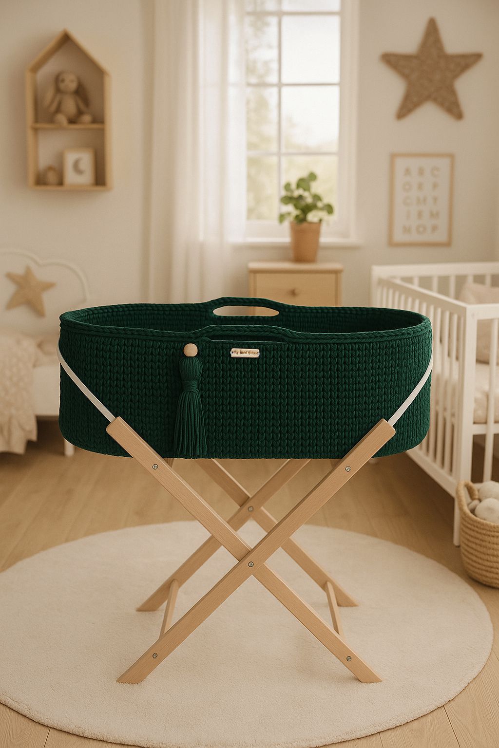 Moses basket BOHO Handmade with stand - bottle green