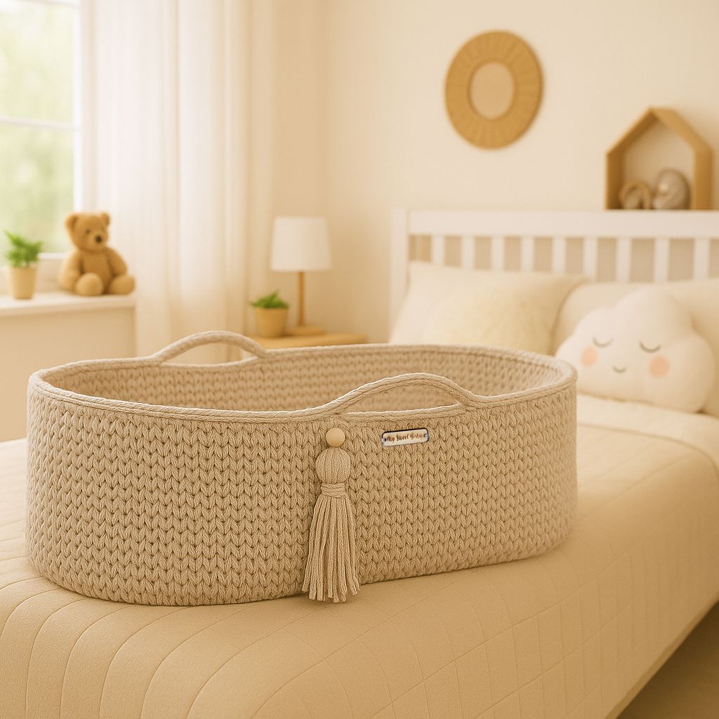 Moses basket BOHO Handmade cotton with mattress - light beige