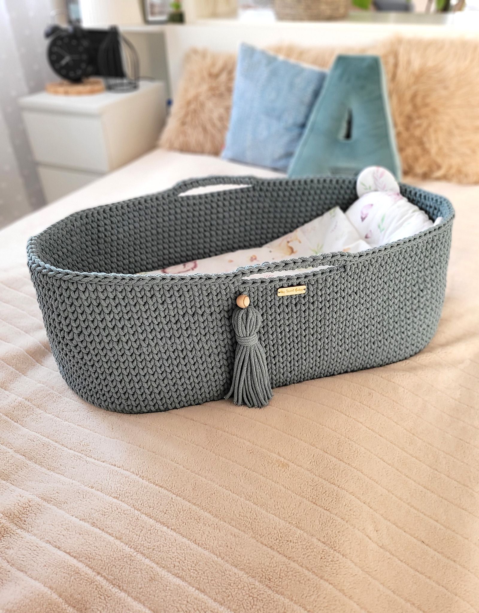 Moses basket BOHO Handmade cotton with mattress - laurel