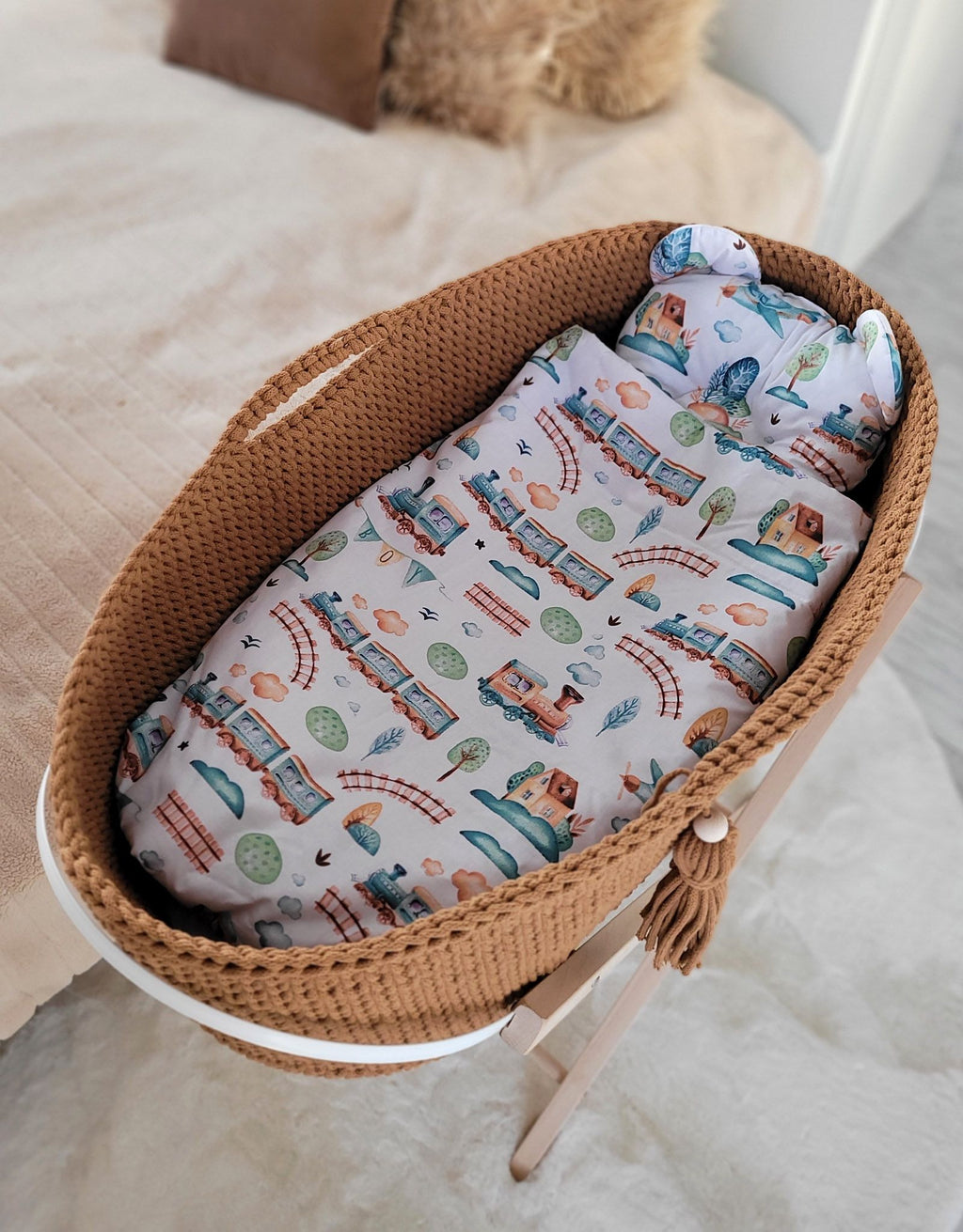 Moses basket BOHO Handmade cotton with mattress - caramel