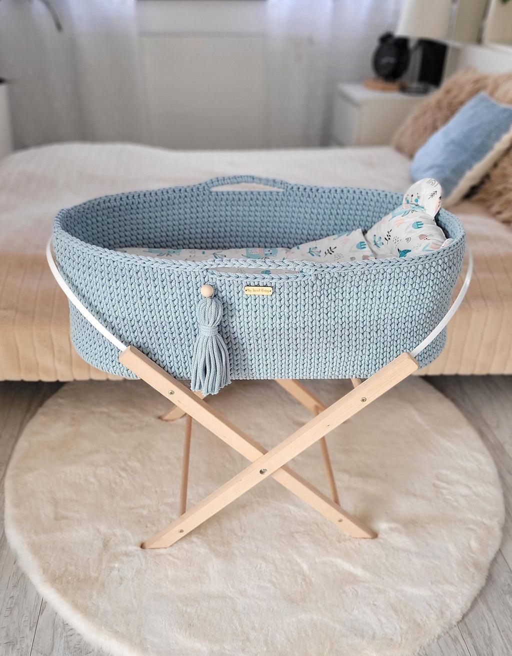 Moses basket BOHO Handmade cotton with mattress - misty blue