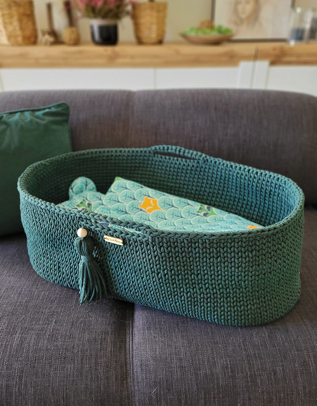 Moses basket BOHO Handmade cotton with mattress - bottle green
