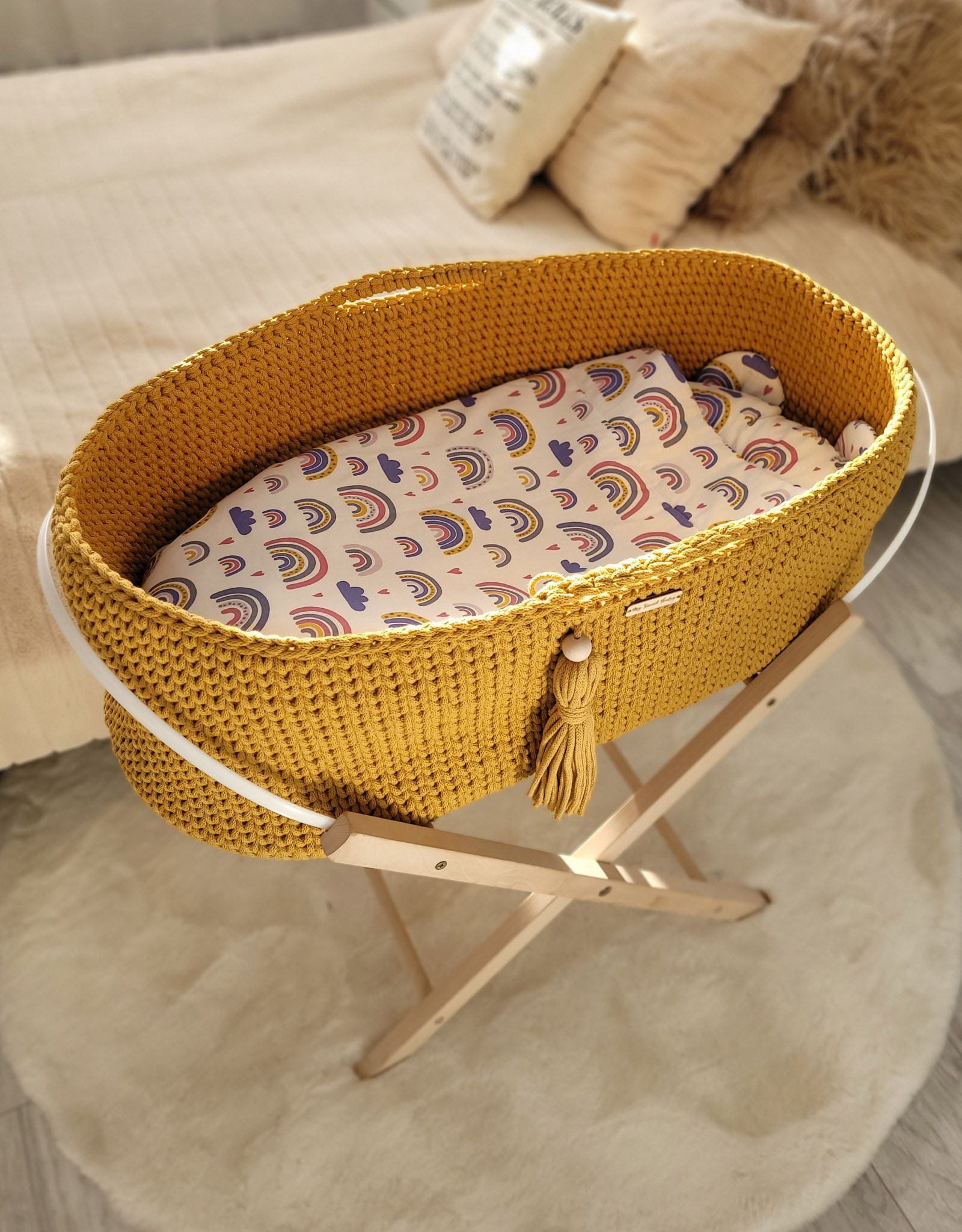 Moses basket BOHO Handmade with stand - honey yellow