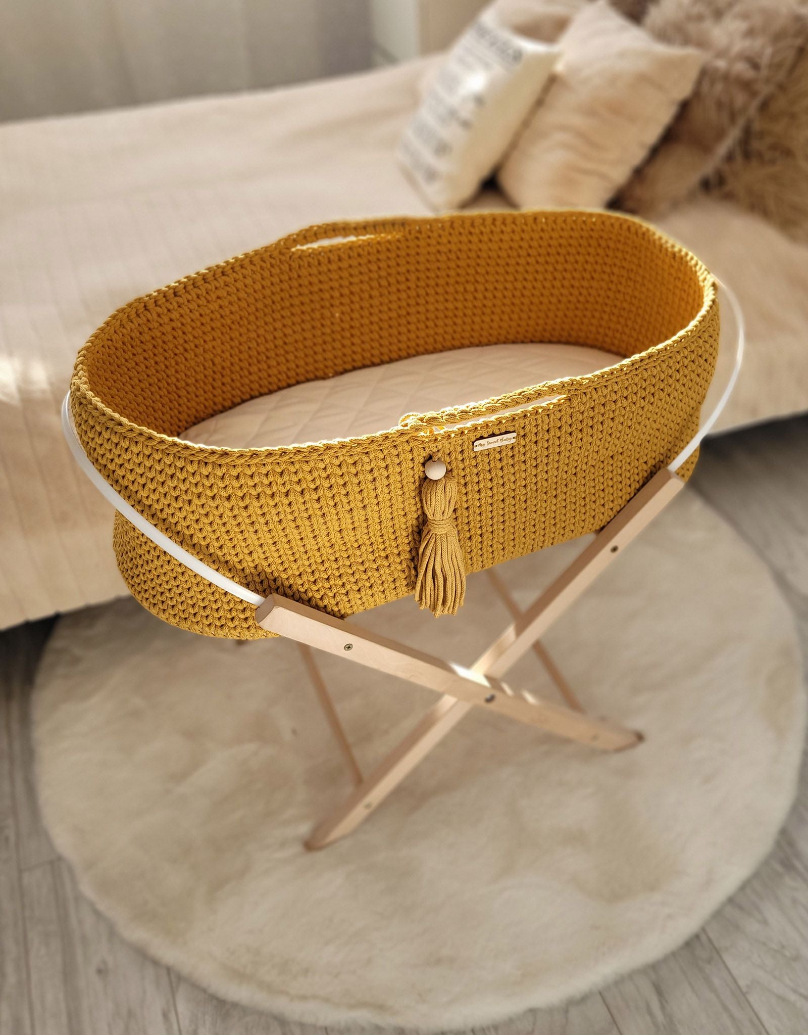 Moses basket BOHO Handmade cotton with mattress - honey yellow