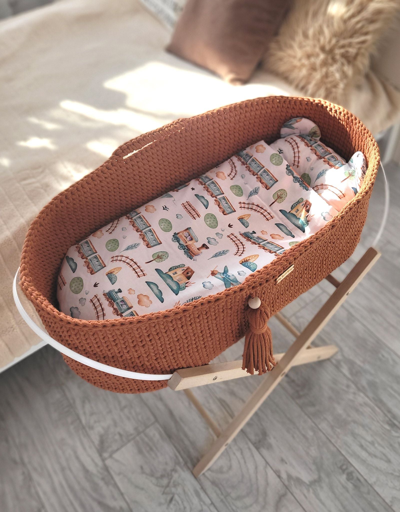 Moses basket BOHO Handmade cotton with mattress - terracotta