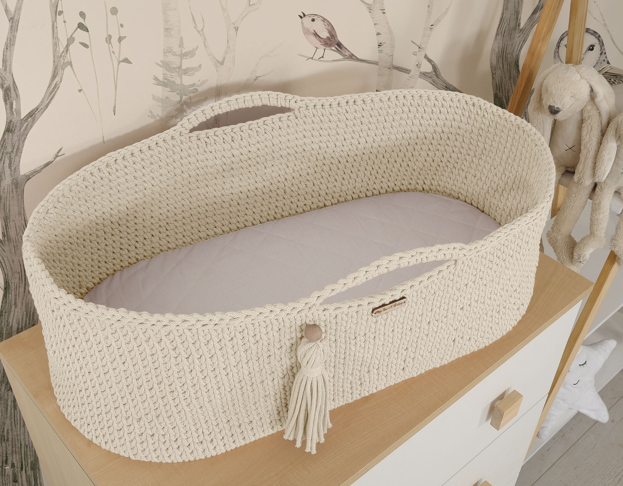 Moses basket BOHO Handmade cotton with mattress - cream